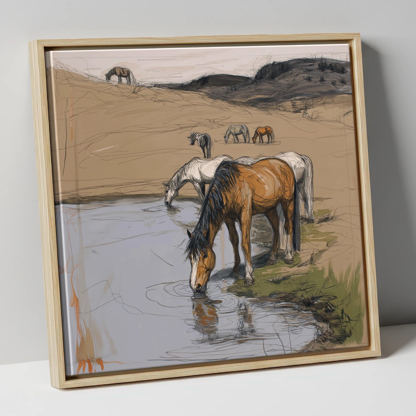 Quiet at the Waterhole wild horses canvas wall art in natural frame