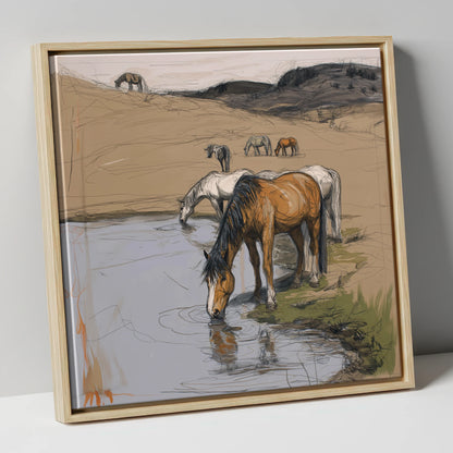Quiet at the Waterhole wild horses canvas wall art in natural frame