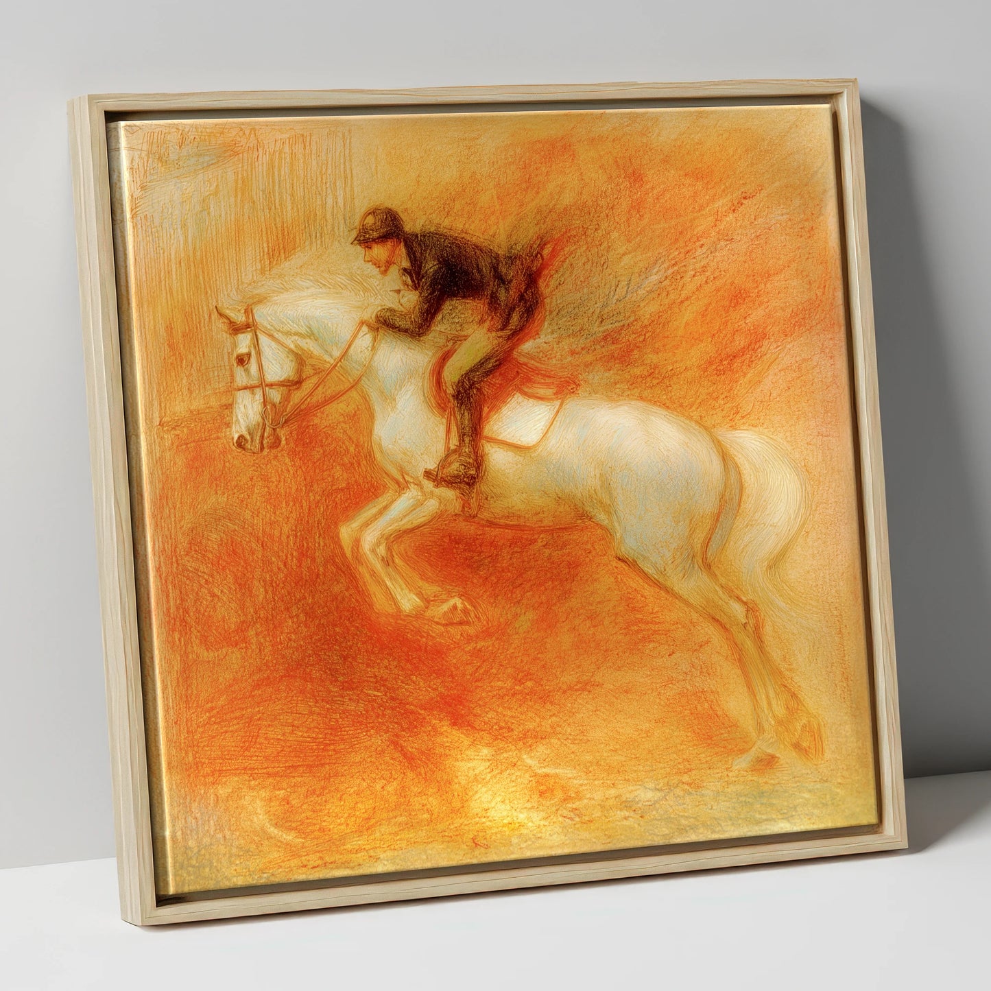 Terracotta Flight show jumping horse canvas wall art in natural frame