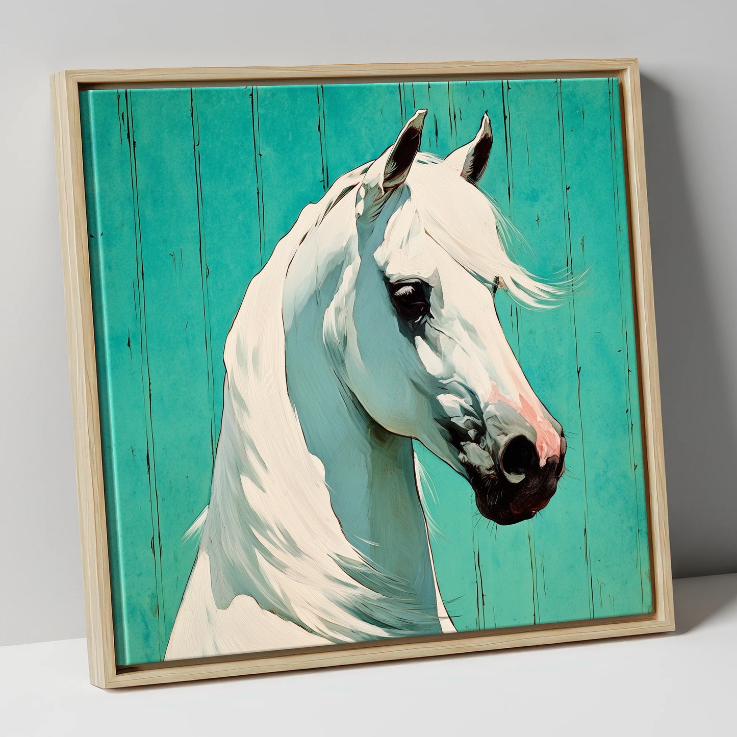 Vibrant Grey on Teal horse breed canvas wall art in natural frame