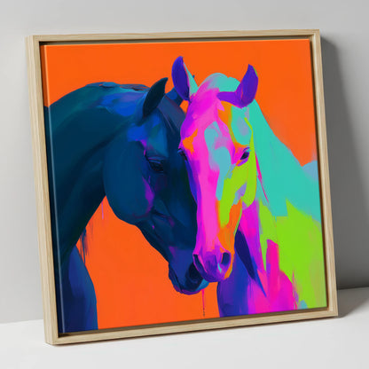 Vibrant Equine Embrace horse portrait canvas wall art in natural frame