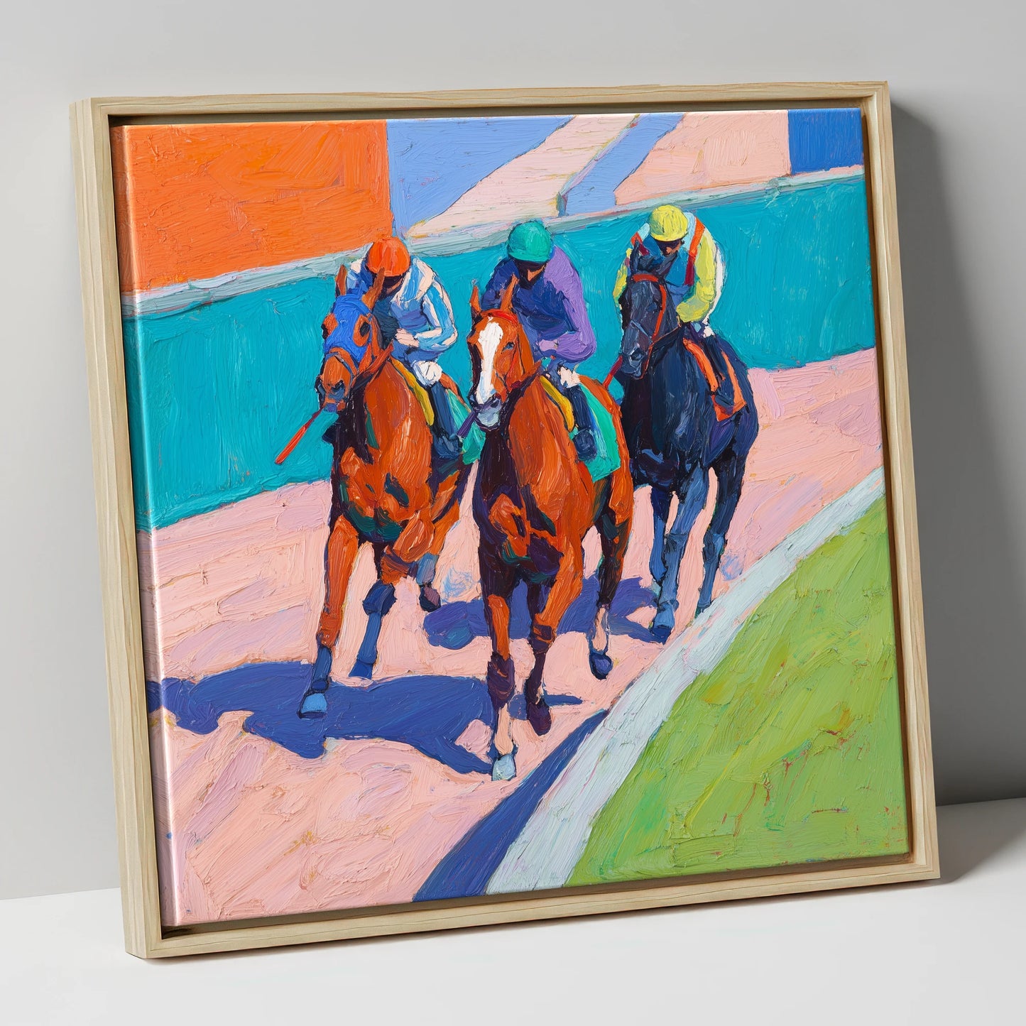 The Final Furlong racing horse canvas wall art in natural frame