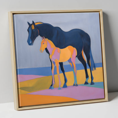 Midnight Mare Radiant Foal mare & foal canvas wall art in natural frame