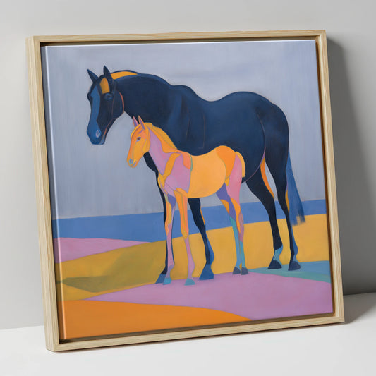 Midnight Mare Radiant Foal mare & foal canvas wall art in natural frame