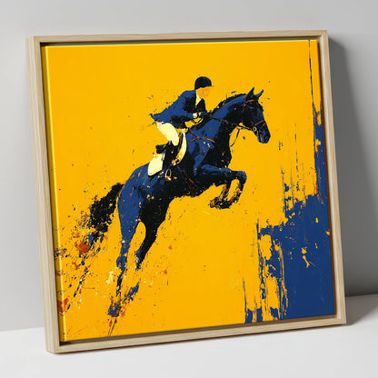 Airborne Over Gold show jumping horse canvas wall art in natural frame
