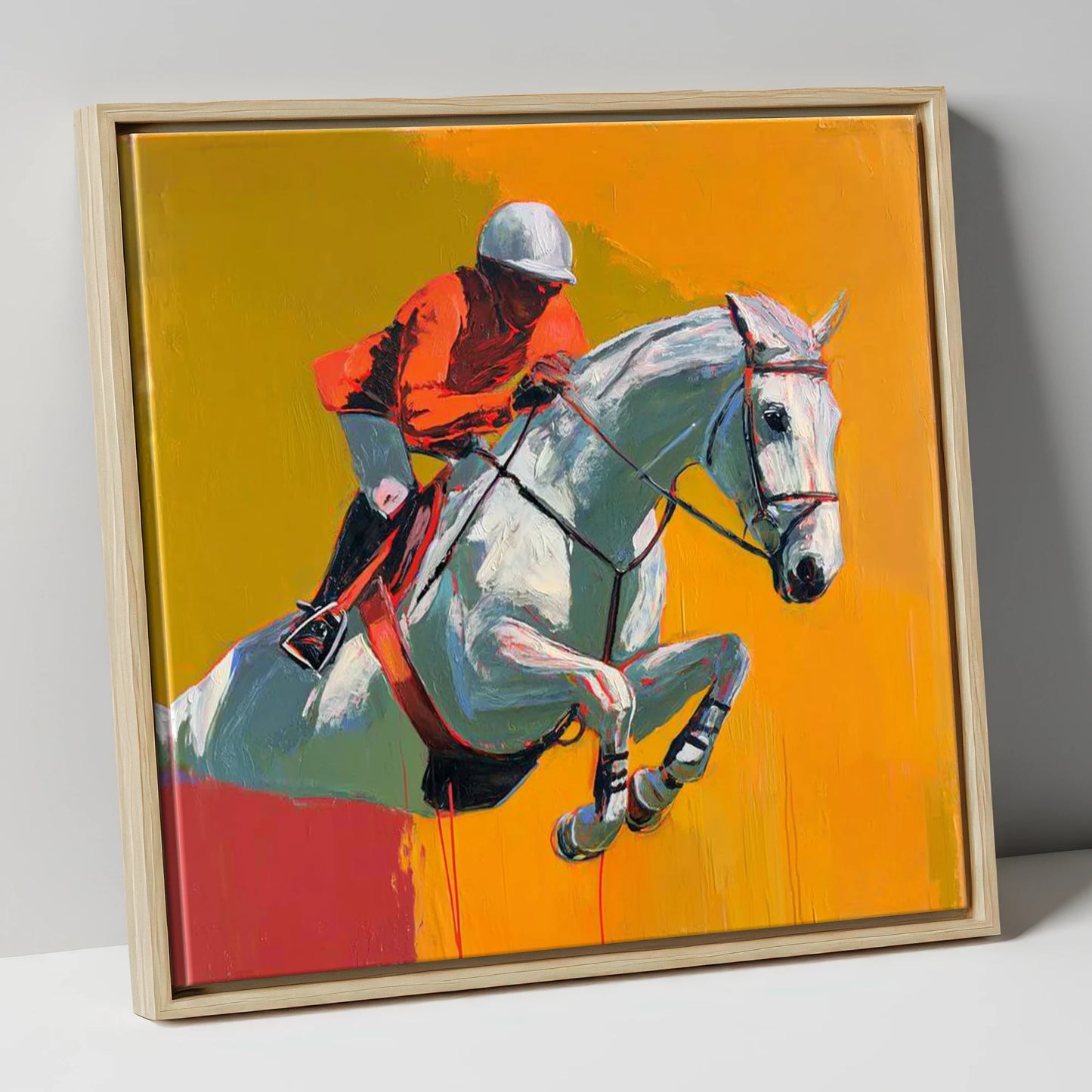 Airborne Over Gold show jumping horse canvas wall art in natural frame