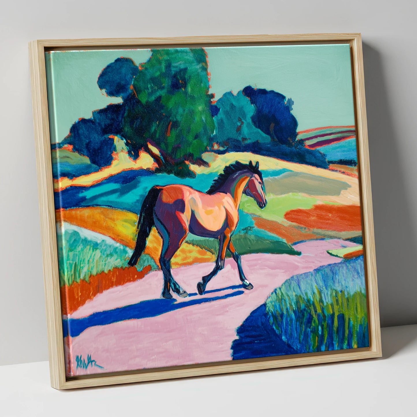 Technicolour Trot horse breed canvas wall art in natural frame
