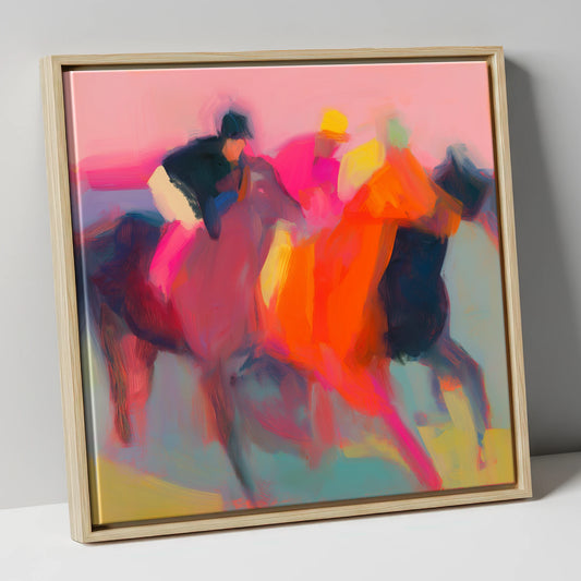 Thundering Silks racing horse canvas wall art in natural frame