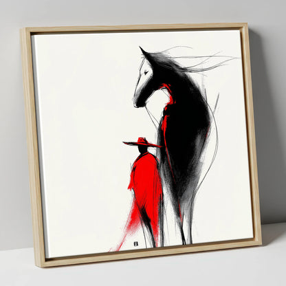 Crimson Rider Silhouette western horse canvas wall art in natural frame