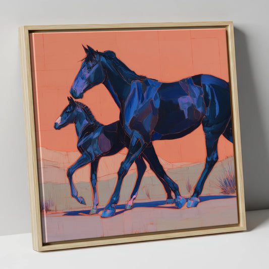 Bold Indigo Strides mare & foal canvas wall art in natural frame