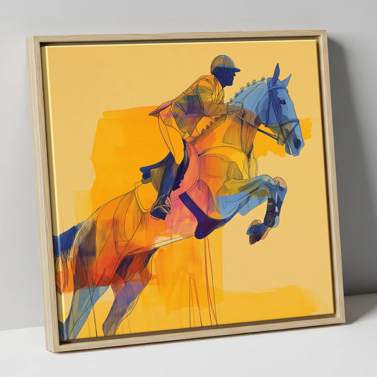 Vibrant Showjumping Flight show jumping horse canvas wall art in natural frame
