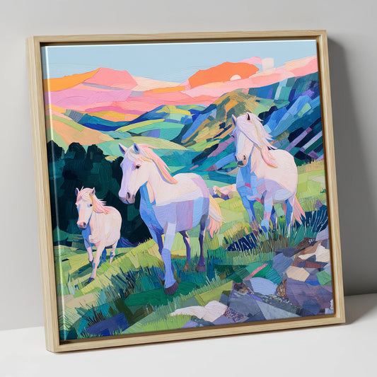 Vibrant Valley Herd horse landscape canvas wall art in natural frame