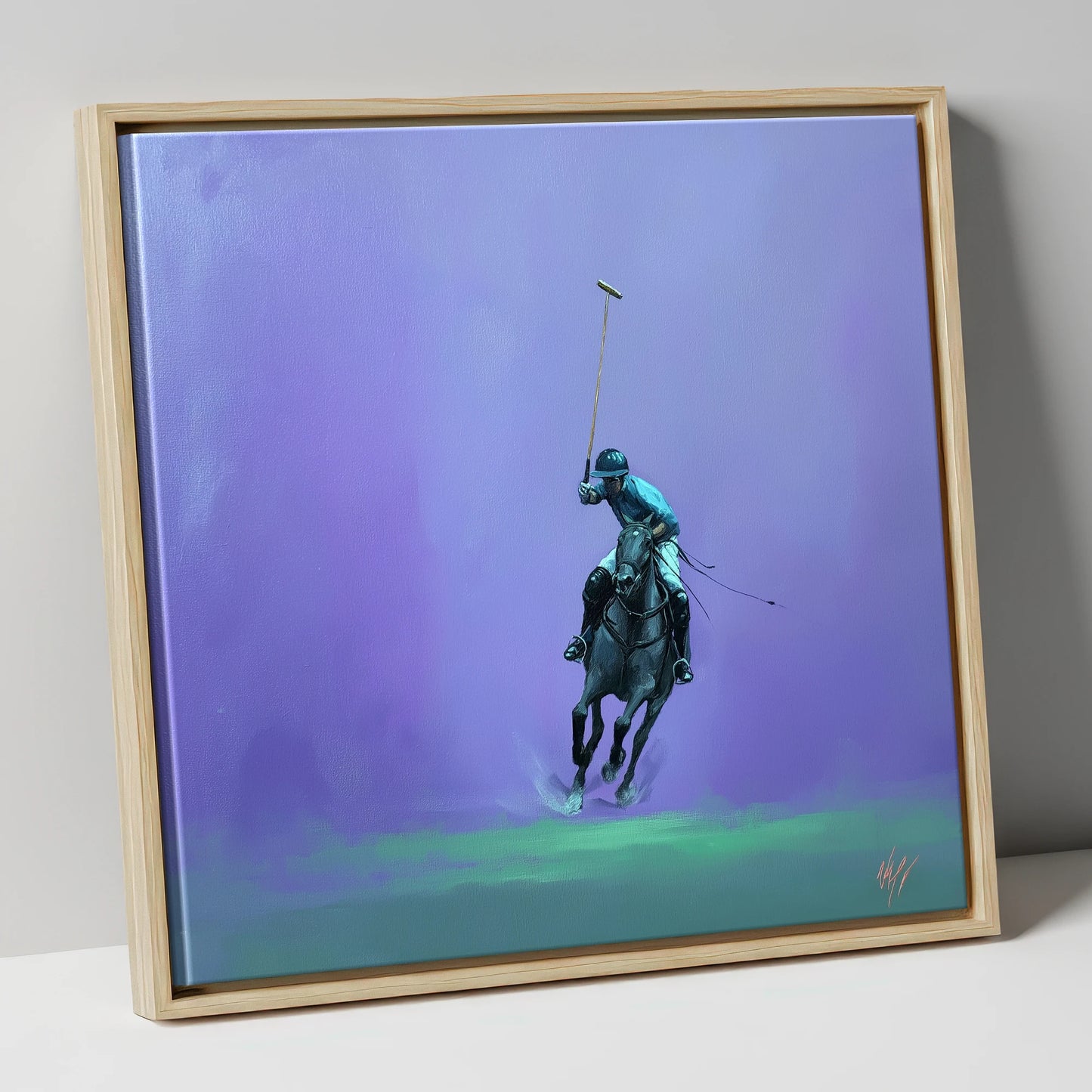 The Violet Chukka polo horse canvas wall art in natural frame