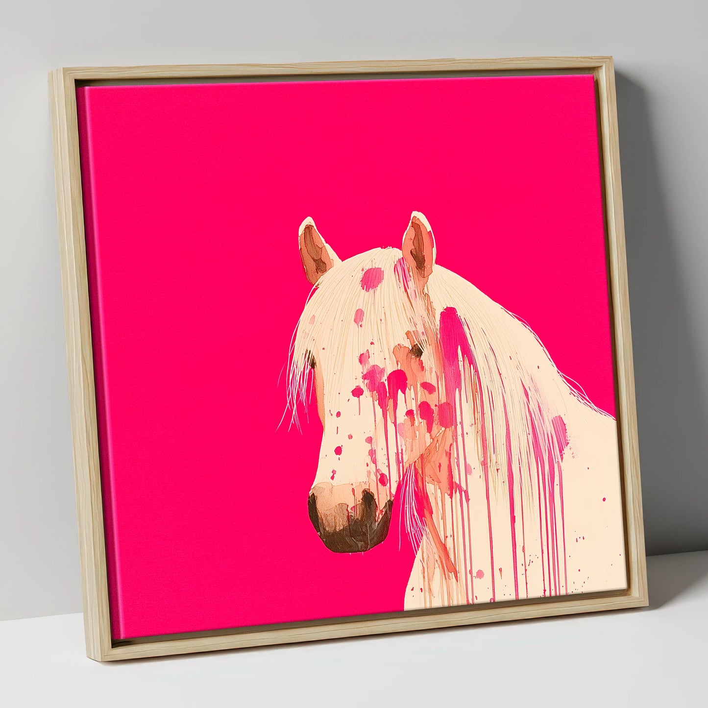 Modern Magenta Equine horse portrait canvas wall art in natural frame