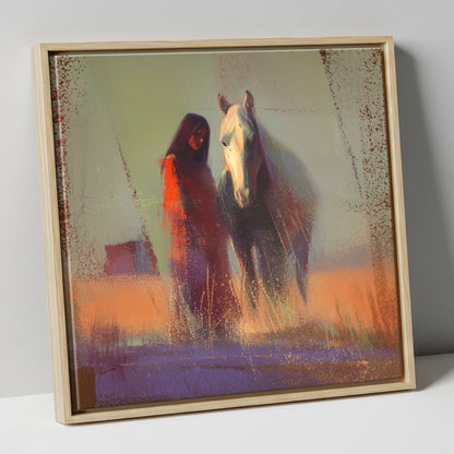Whispers in the Haze horse & rider canvas wall art in natural frame