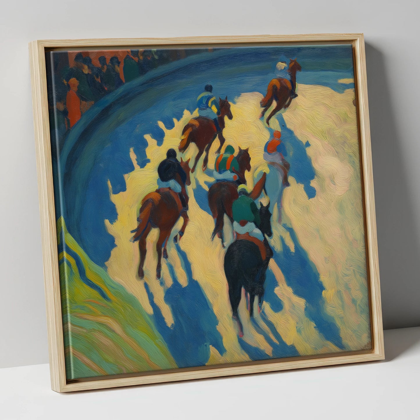 Shadows on the Bend racing horse canvas wall art in natural frame