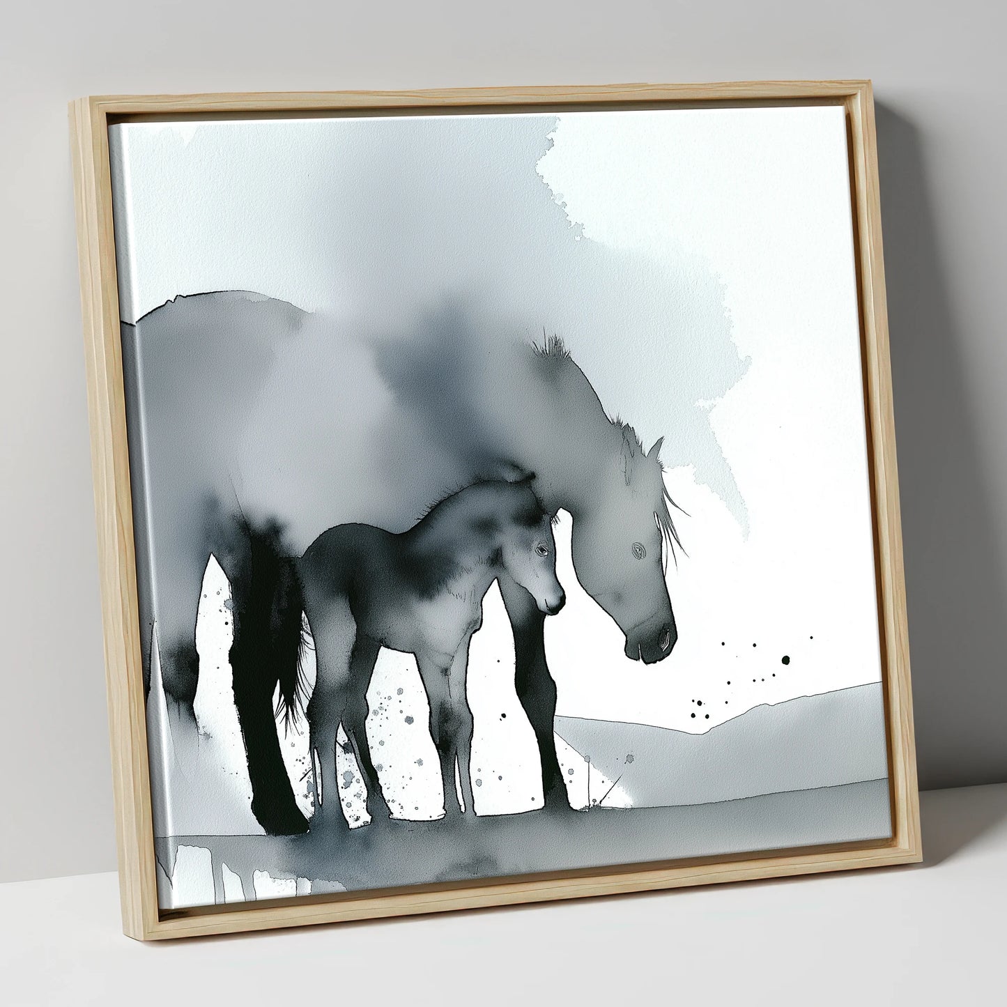 Gentle Shadows mare & foal canvas wall art in natural frame