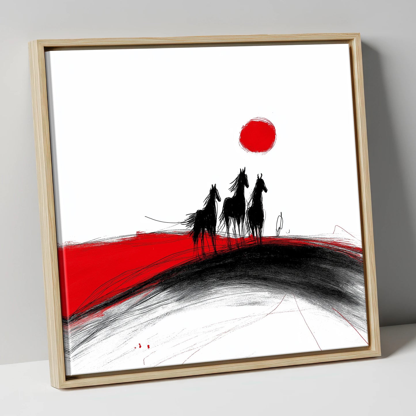 Crimson Sun Silhouettes horse landscape canvas wall art in natural frame