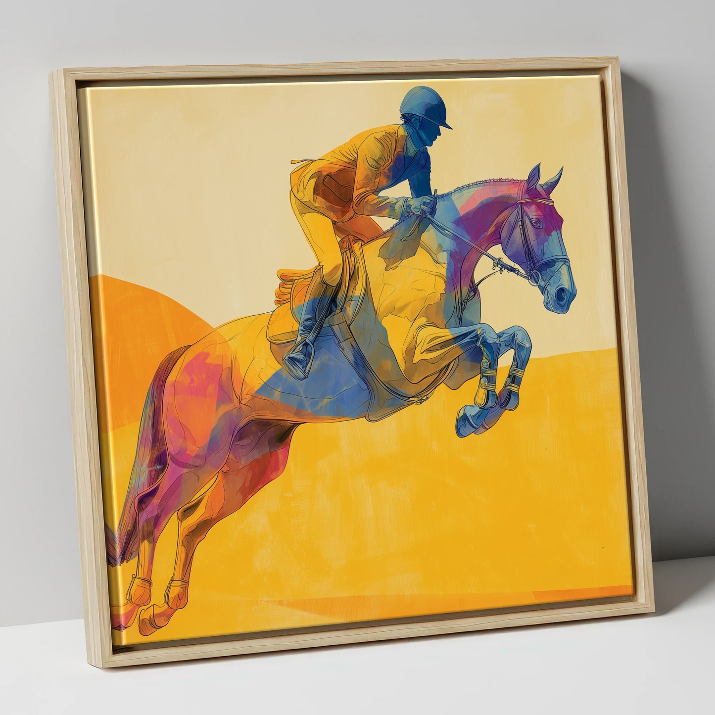 Flight Over Gold show jumping horse canvas wall art in natural frame