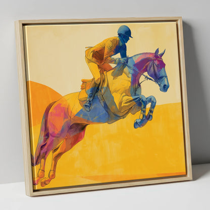 Flight Over Gold show jumping horse canvas wall art in natural frame