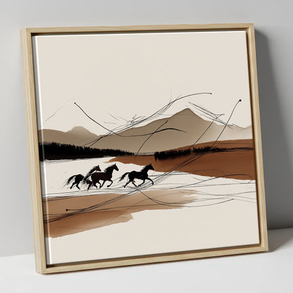 Sepia Horizon Herd wild horses canvas wall art in natural frame