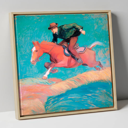 The Bold Leap show jumping horse canvas wall art in natural frame