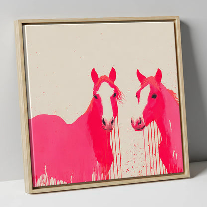 Vivid Pink Companions horse landscape canvas wall art in natural frame