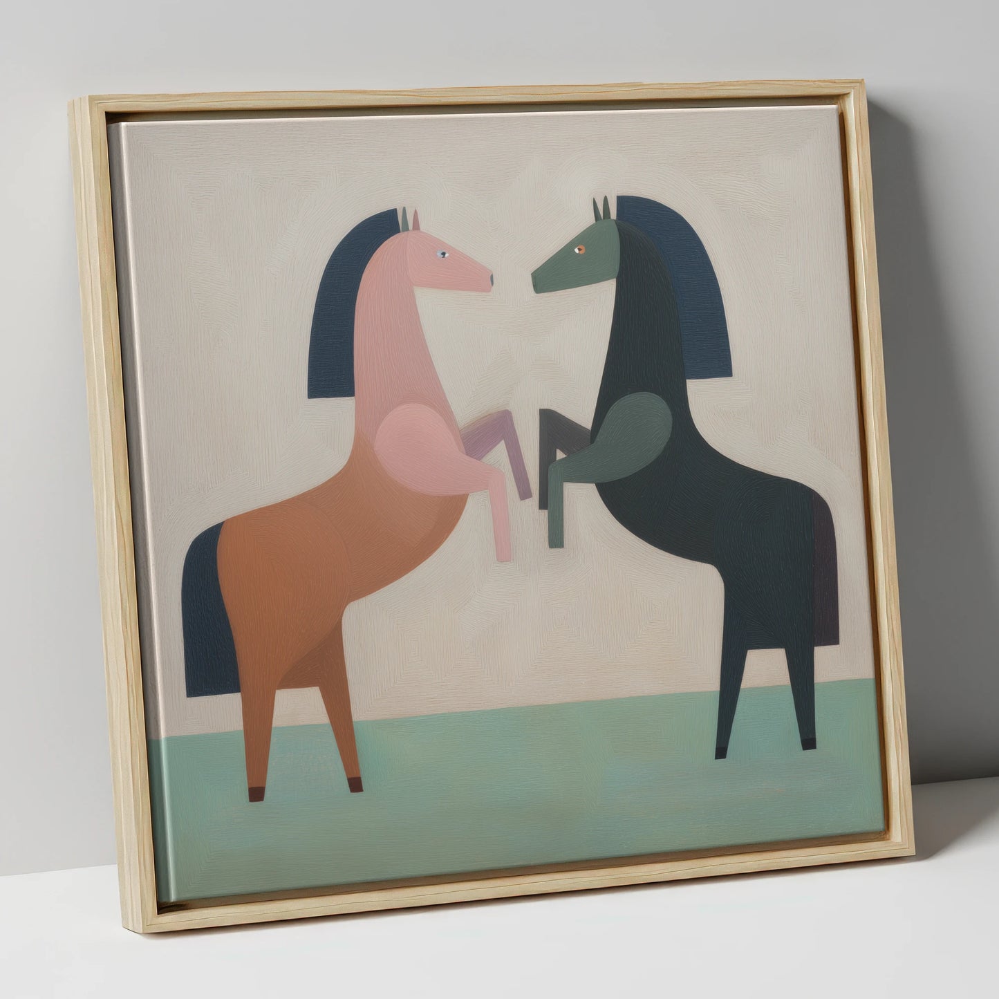 Symmetrical Equine Balance wild horses canvas wall art in natural frame