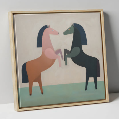 Symmetrical Equine Balance wild horses canvas wall art in natural frame
