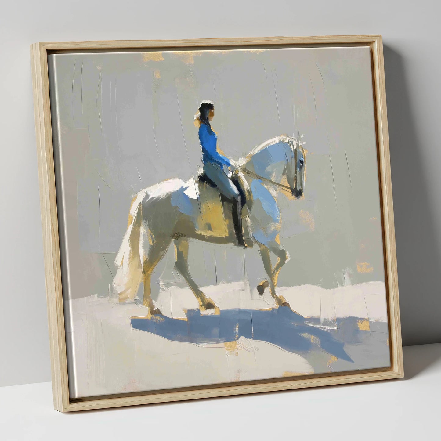 Collected in Blue dressage horse canvas wall art in natural frame