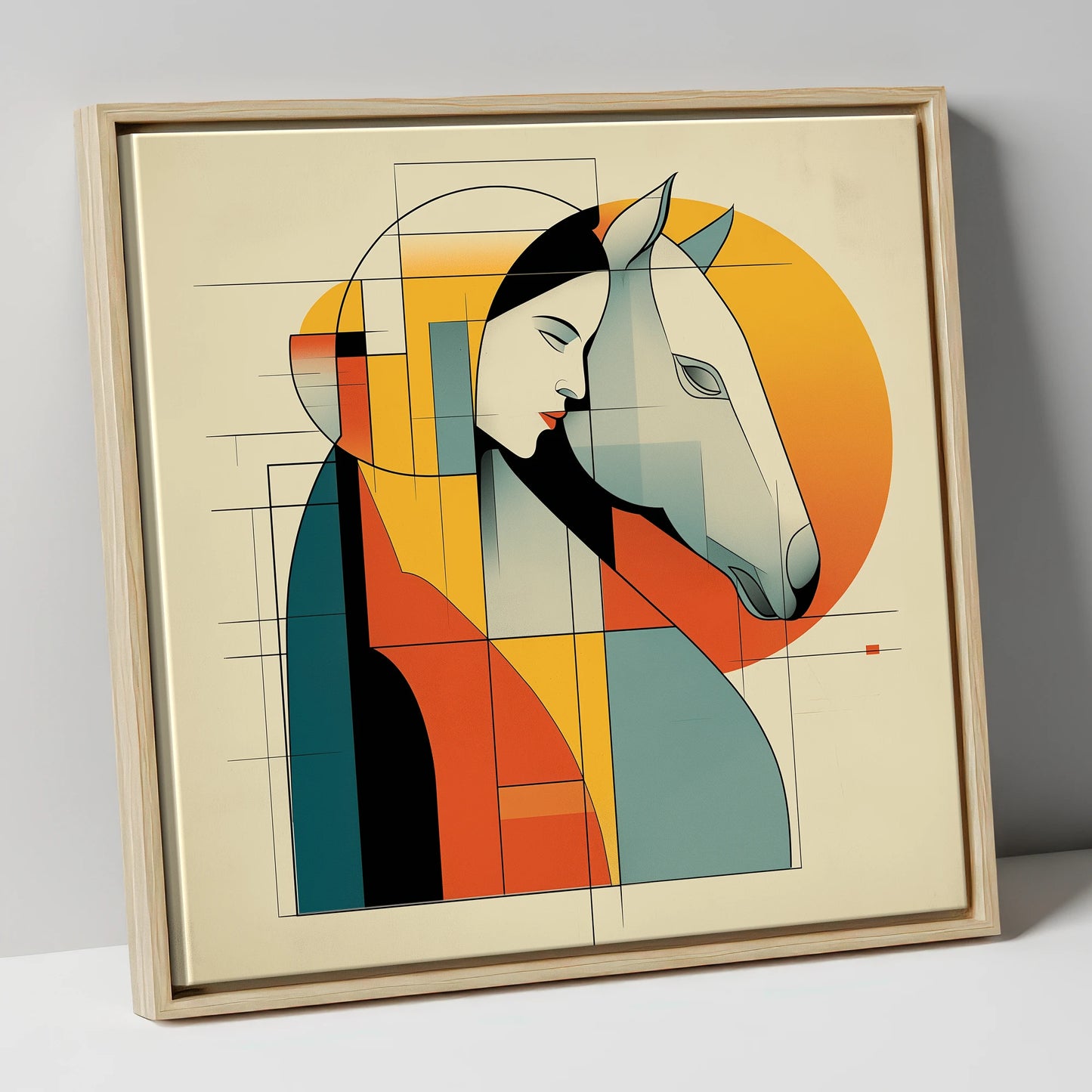 Harmony of Form horse & rider canvas wall art in natural frame