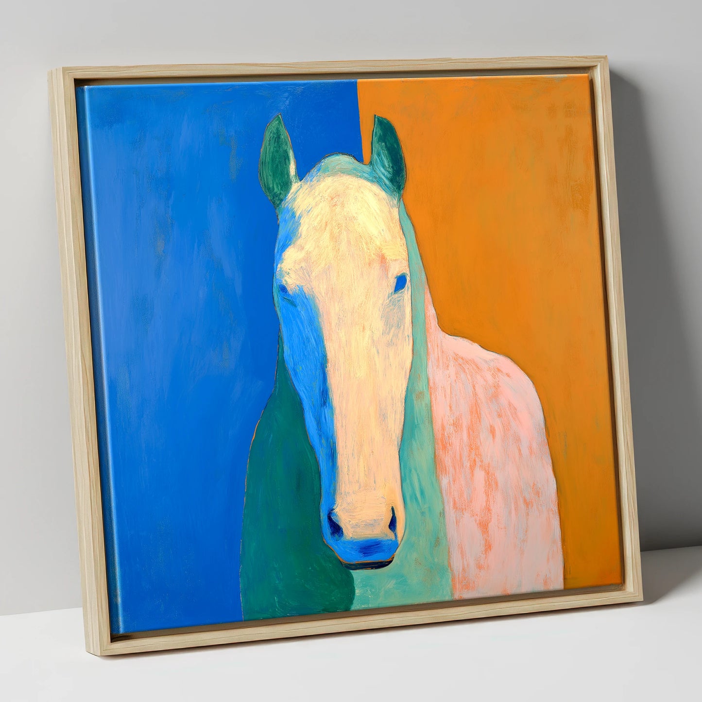 Cobalt And Clay Equine horse portrait canvas wall art in natural frame