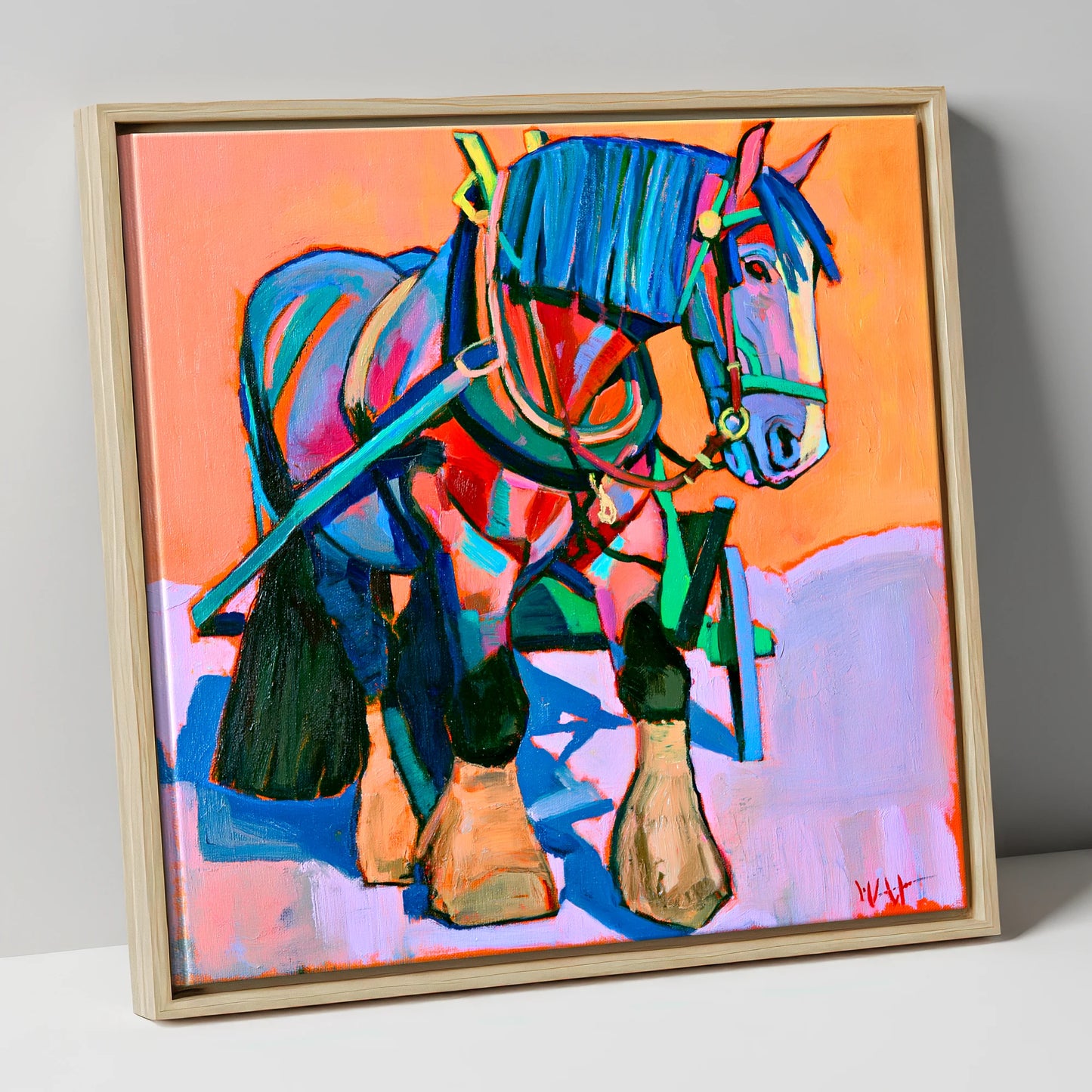 Vibrant Blue Heavy Horse horse breed canvas wall art in natural frame