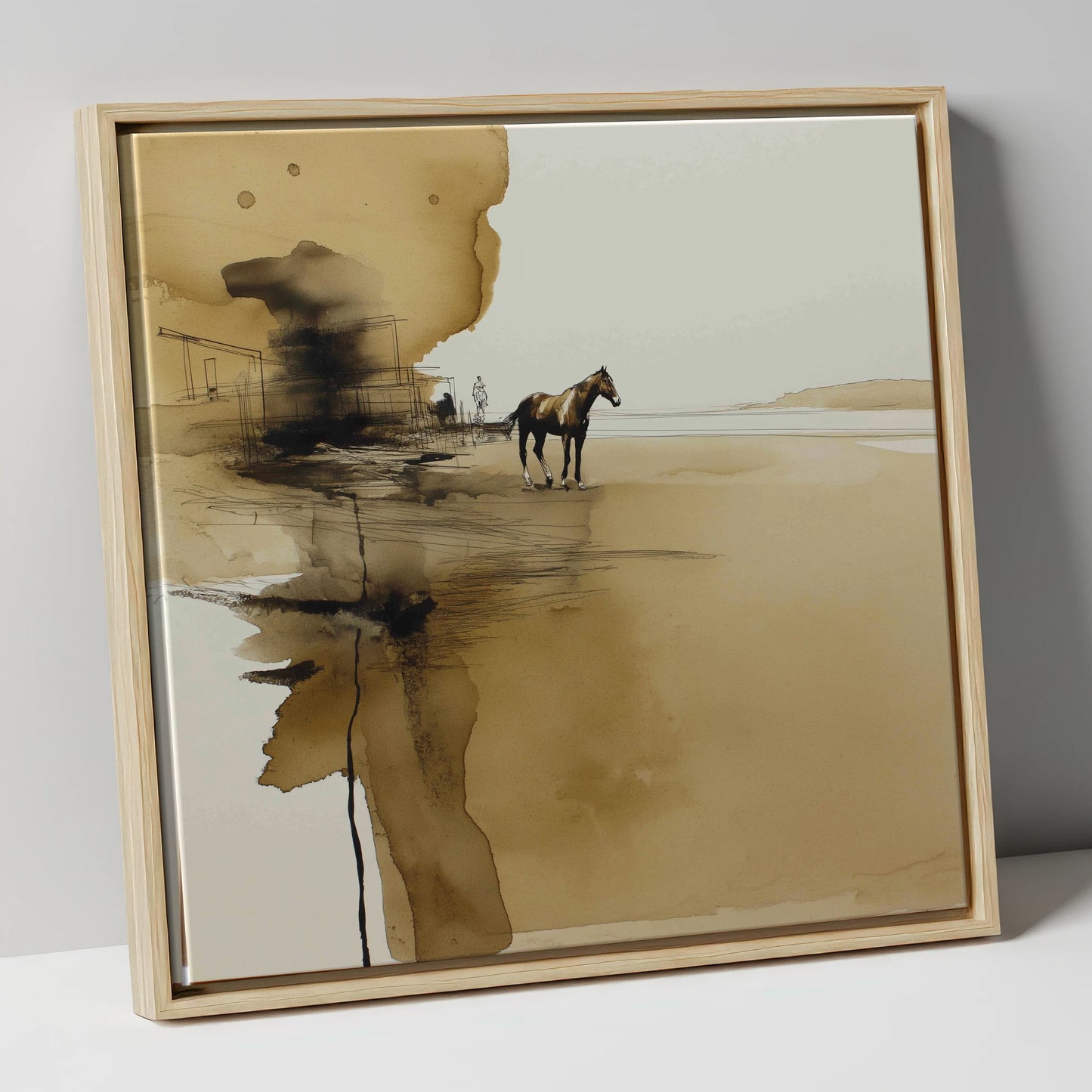 Sepia Solitude horse landscape canvas wall art in natural frame