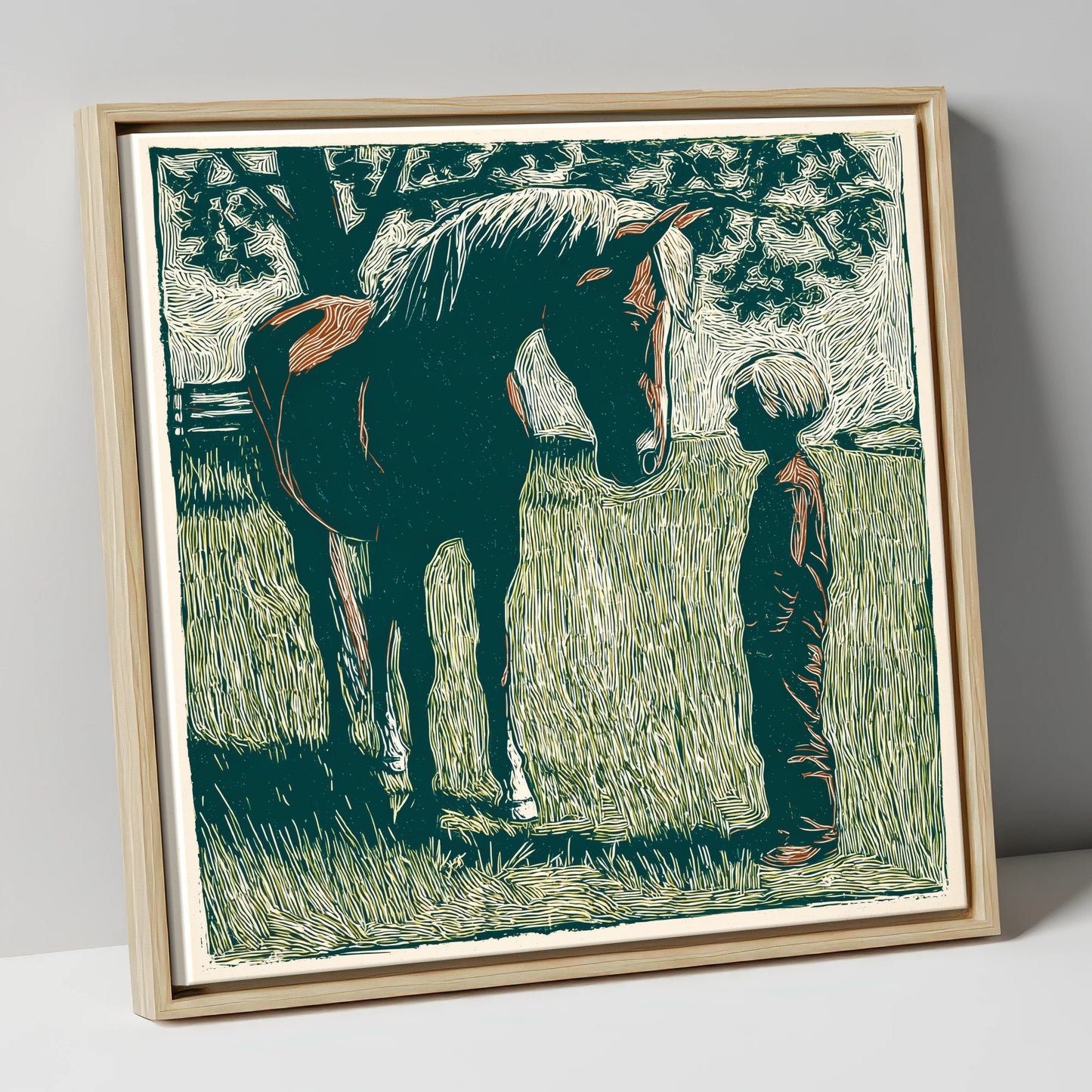 Kindred Spirits horse & rider canvas wall art in natural frame