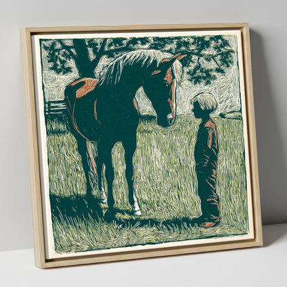 Kindred Spirits horse & rider canvas wall art in natural frame