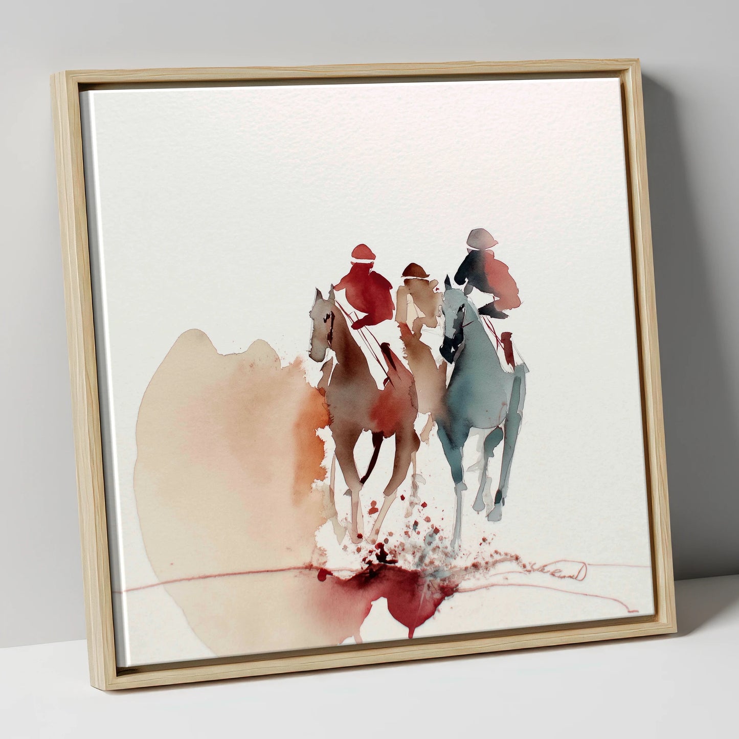 The Final Stretch racing horse canvas wall art in natural frame