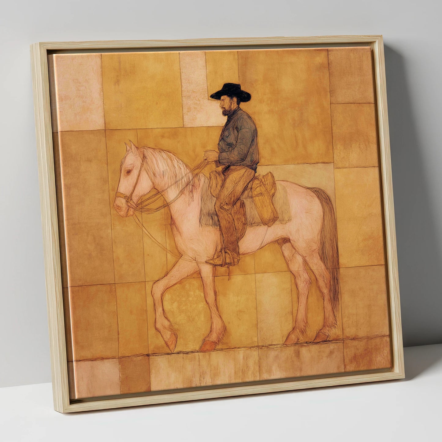 The Golden Trail western horse canvas wall art in natural frame