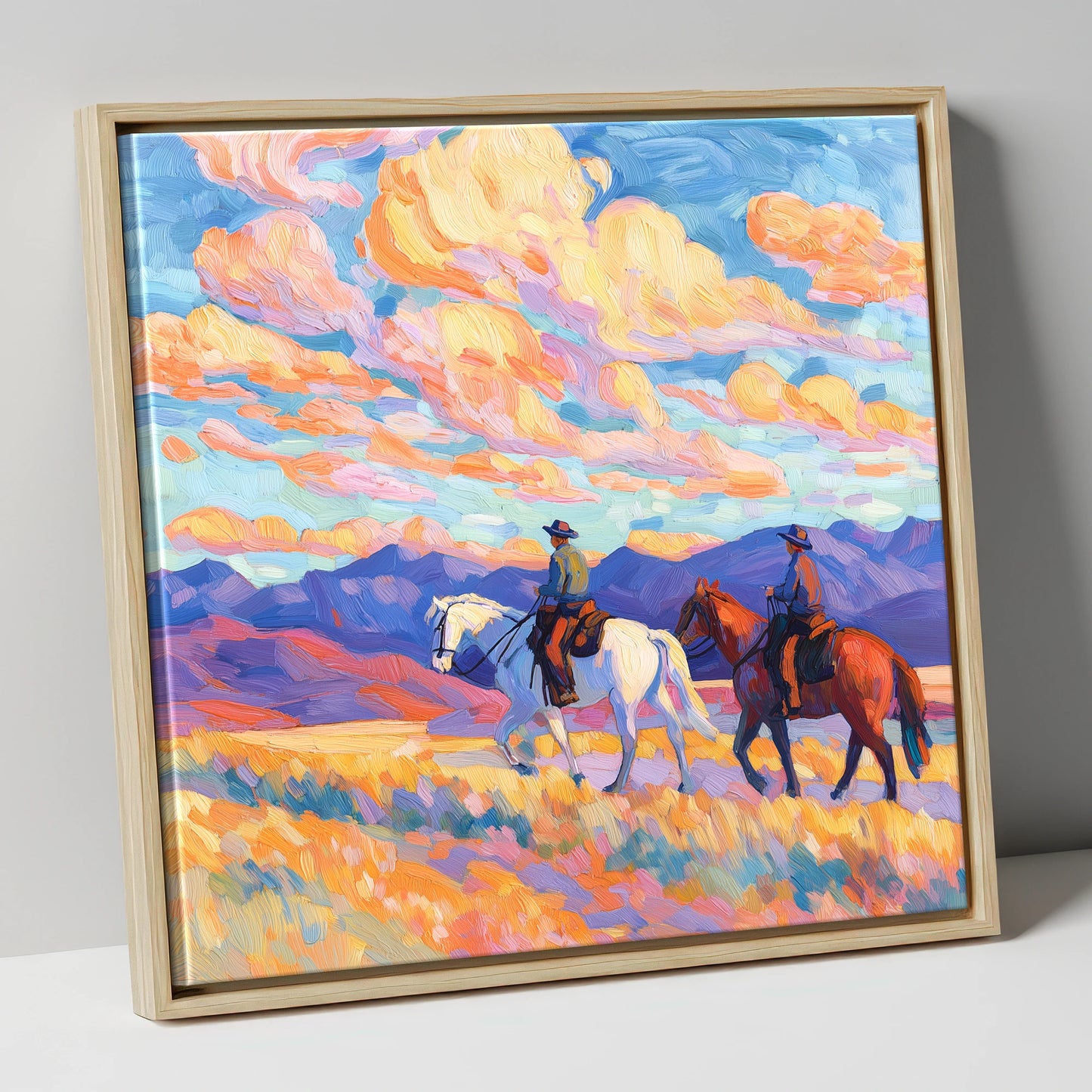 Painted Horizon Riders horse landscape canvas wall art in natural frame