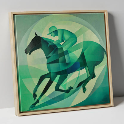 Emerald Rhythm racing horse canvas wall art in natural frame