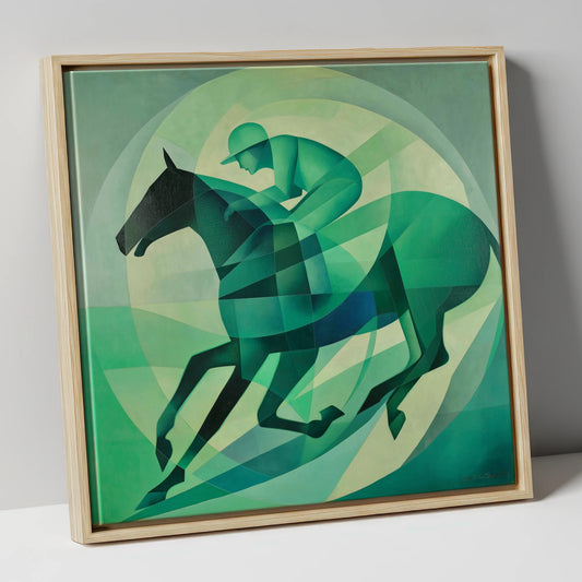 Emerald Rhythm racing horse canvas wall art in natural frame