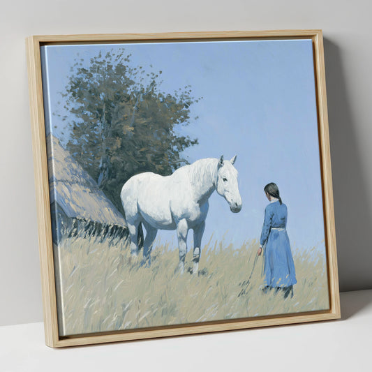 A Quiet Understanding horse & rider canvas wall art in natural frame