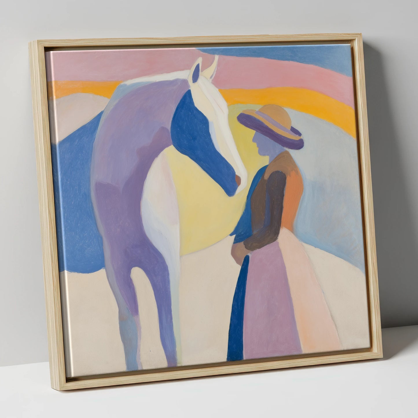 The Quiet Encounter horse & rider canvas wall art in natural frame