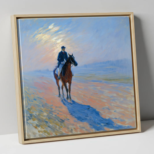 Luminous Morning Gallops racing horse canvas wall art in natural frame