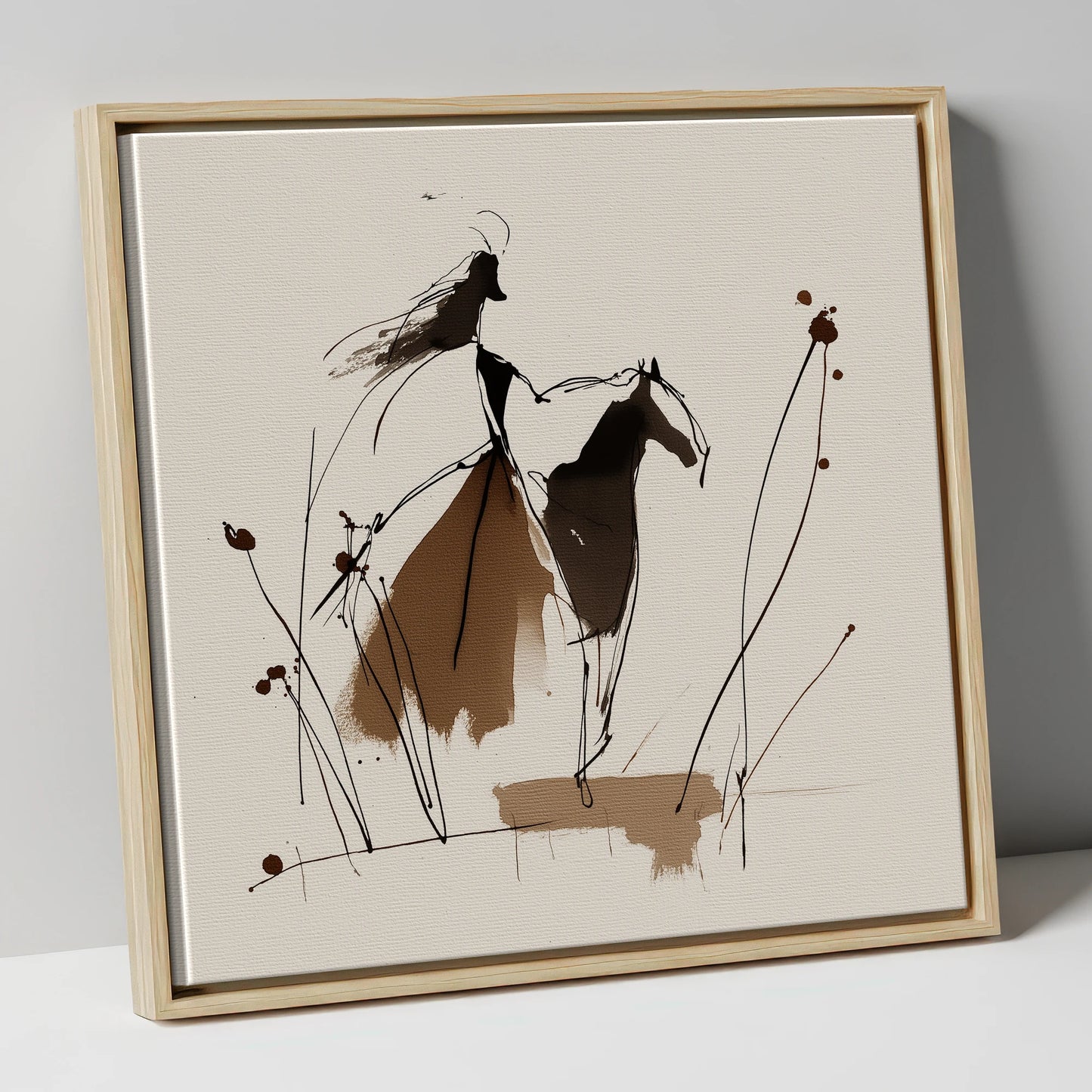 Fluid Harmony horse & rider canvas wall art in natural frame