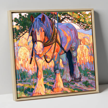 Colourful Heavy Horse In Harness horse breed canvas wall art in natural frame