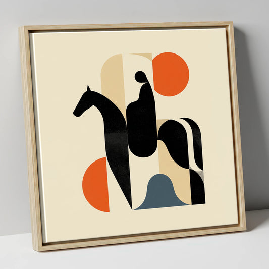 Mid-Century Silhouette horse & rider canvas wall art in natural frame