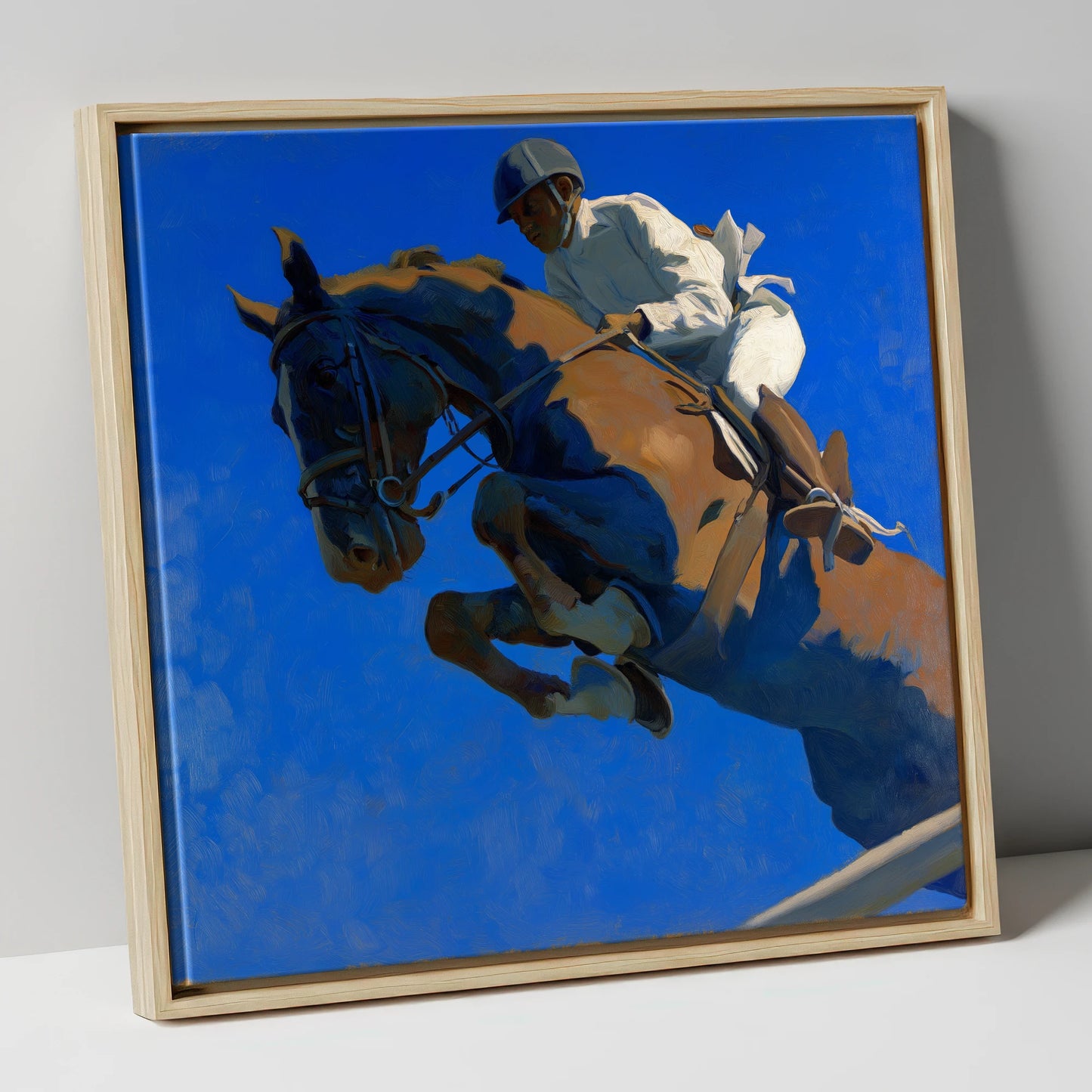 Skyward Bound show jumping horse canvas wall art in natural frame