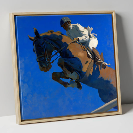 Skyward Bound show jumping horse canvas wall art in natural frame