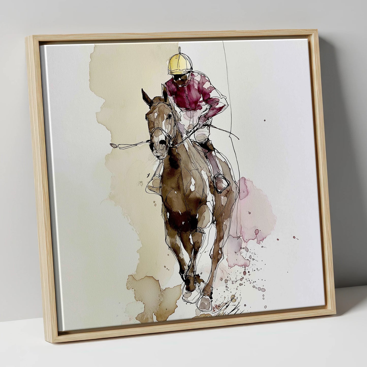 Furlong Flow in Burgundy racing horse canvas wall art in natural frame